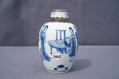 A Chinese silver-mounted blue and white tea caddy and cover, Kangxi